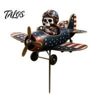 Holiday Landscape Statue Metal Skeleton Pilot Airplane Wind Spinner with Ground Stake, Vintage American Flag Garden Retro Lawn Ornament Yard 1pc black
