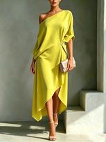 Moterims medvilninė lininė vieno peties asimetriška midi suknelė laisvo kirpimo vienspalvė elegantiška vasaros atostogų suknelė L yellow