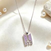 BTS logotipas karoliai violetinis cirkonis pavé pakabukas auksinis rožinio aukso sidabrinis raktikaulio grandinėlė K-Pop stabas gerbėjo atributika madingi papuošalai dovana ARMY 1 white