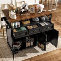 Moderni virtuvės sala (118×43-70×98cm) Su medžio raštu, Vežimėlis su ratukais, Daugiafunkcinė saugykla, Nuimami pertvaros, Rankšluosčio laikiklis, Juoda 118 x 43 x 98 cm juoda