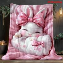 Baltas zuikutis su rožiniu kaspinėliu spausdintas pledas, minkštas, šiltas, lengvas, kelionėms, stovyklavimui, namų biurui Size: 75*100cm, Weight: 320 GSM