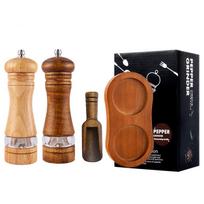Wood Salt and Pepper Mills Set Classic Manual Spice Grinder Refillable Salt Mill Sets With Tray Oak Wood Mills Shakers JT552 brown