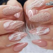 24Pcs Long Almond Press On Nails, Nude Pink with Rose Gold Glitter & Marble Wave Fake Nails Kit United States gray