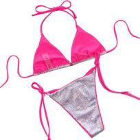 2Pcs/Set Bright Surface Low-rise Padded Bikini Set Halter Triangle Bra Side Tie Thong Swimwear Beachwear L balta