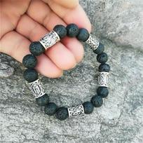 Men Women Norse Viking Rune Spacer Black Volcanic Lava Natural Stone Beads Cuff Bracelet Jewelry juoda