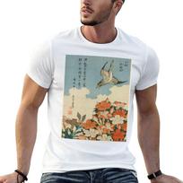 Japanese Art: Hokusai, Cuckoo and Azaleas T-Shirt Big Size Daily Wear T-Shirt XXXXL gray