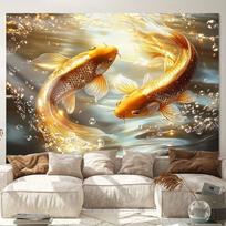 Golden Koi Fish Wall Art Feng Shui Water Decor Lucky Symbol Home Interior Design Living Room Decoration 2D Flat Print 150X180CM brown
