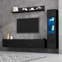 TV sieninis baldų komplektas 3 dalys LED apšvietimas Juodas blizgus 1 x TV spintelė, 1 x Svetainės vitrina, 1 x Sieninė lentyna, TV iki 80' juoda