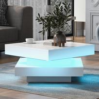 WF324126WAA) Baltas kvadratinis aukšto blizgesio kavos staliukas su besisukančiu stalviršiu - Modernaus techno stiliaus su LED apšvietimu, 70x70x36 cm, 360 laipsnių kampu besisukantis stalas 70 x 70 x 36 cm balta