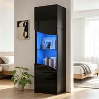 35*50*165cm Living Room Display Cabinet, High-Gloss (Doors), Tall, Large Storage Space and LED Lighting, Concave Arched Wave Surface Design, Black 35 x 50 x 165 cm juoda