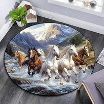 Running Horses Round Area Rug,Carpet Rug for Living Room Bedroom Sofa Playroom Decor,Non-slip Floor Mat 80cmx80cm gray