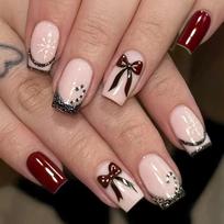 24Pieces Press On Nail Red Bows Design Fake Nail Easy Application Artificial Nail with Ergonomic and Comfort Fit 1 brown