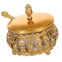 Classical Hollow Out Iron Accent Sugar Bowl With Clear Glass Container and Spoon Spices Jar For Countertop Organization 1 beige