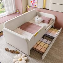 Vaikams skirta surenkama minkšta dienos sofa-lova su metaliniu rėmu, 3 mažos laikymo kišenės, 2 stalčiai su ratukais, aksomas+MDF+fanera, balta, 90x200cm 214 x 104 x 80 cm balta
