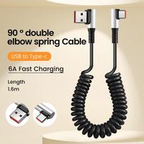 90 Degree Elbow Spring Cable USB Type C 6A Fast Charging 0.35-1.6M Retractable Data USB C To Type C Cable For 15 Android 0.35-1.6m white