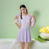 Girls' Quick-Drying One-Piece Swim Dress for Teens 4XL (35-60kg) with chest pad beige