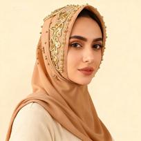 Elegantiškas šilkinis perlamutrinis šifono hidžabo šalikas su auksinėmis karoliukais, ilgas islamo turbanas, platus visų sezonų blizgučių apklotas, skara, Aid al-Fitr brown