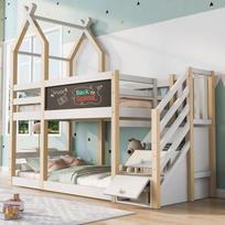 (=AB30307123W) Bunk Bed 90x200, Treehouse Design incl. Chalkboard, Fall Protection - 2x Slatted Frame - Natural & White (Without Mattress) 257 x 96 x 209 cm balta
