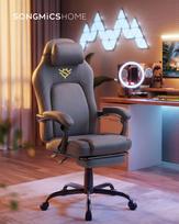 SONGMICS HOME Gaming Chair Ergonomic Computer Chair with Footrest Office Swivel Chair with Pillow Cotton Linen Blend Height Adjustable Dove Grey juoda