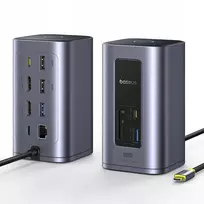 Baseus Air Spacemate 12-in-1 USB-C Hub, 2x HDMI 4K@60Hz, 2x USB-C 10Gbps, 2x USB-A 5Gbps, 2x USB-A 480Mbps, RJ45, SD/microSD, USB-C PD, Pilka