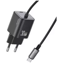 USAMS 30W GaN Fast Charger su USB-C kabeliu (Juoda, EU kištukas)
