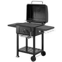 Anglies kepsninė BBQ rūkykla su dangčiu, termometru, reguliuojamo aukščio anglių padėklu, kaminu, kepimo grotelėmis, šoniniu staliuku ir pelenų stalčiumi