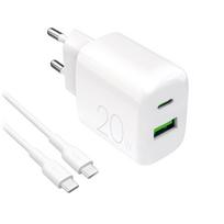 Puro PROLITE 20W USB-A / USB-C sieninis įkroviklis + USB-C - USB-C laidas 1.2m - baltas