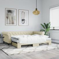 Ištraukiama lova su čiužiniais, kreminė, 90x200cm, dirbtinė oda