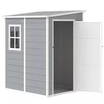 Sandėliukas 1,54 m³ | Sodo Namelis su Vienšlaičiu Stogu, 122 x 149 x 192/177 cm, Rakinamos Durys ir Langu, Dviračių Garažas, Pilka