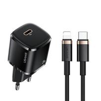 USAMS Network charge. 1xUSB-C T36 mini 20W + USB-C to Lightning cable, black/black, PD3.0 Fast Charging, XFKXLOGTL01 (US-CC124+US-SJ484)