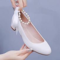 Women Pumps Sexy Wedding Prom Sandals Ankle Strap PU 3CM Square Heel New Fashionable Round Headed Pearl Ribbon Women Shoes 35 balta