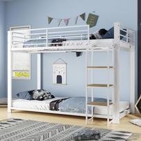 Metal Bed Bunk Bed for Children, Bunk Bed with Wood Shelf Ladder, High Fall Protection, White 90*200 204 x 115 x 145 cm