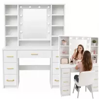 Lean Kosmetinis staliukas su LED veidrodžiu ir 7 stalčiais, baltas, 140 x 100 x 40 cm