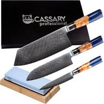Cassary damasko peilių rinkinys 3 vnt. su galąstuvu