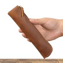 Vintage Leather Old Pencil Case Classic Zipper Portable First Layer Cowhide Pen Case tamsiai ruda spalva