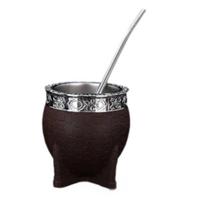 Yerba Mate puodelis su šiaudeliu, nerūdijančio plieno ir odos dizaino šviesiai ruda spalva