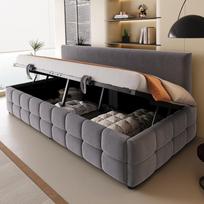 Apmuštas sofa-lova 90*200 cm, hidraulinis daiktadėžė, atlošas be porankių, klasikinis languotas raštas apatinėje briaunoje, tamsiai pilkos spalvos veliūro audinys 202 x 96 x 78 cm pilka