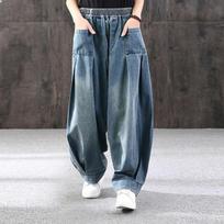 Women's High Waist Harem Jeans Wide Leg Denim Pants Plus Size Loose Vintage Washed Casual Trousers For Curvy Figures M gray