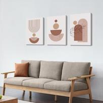 Drobės paveikslai Boho Abstrakcija Geometriniai 3 dalys 50x70 cm — triptikas ant sienos, svetainės dekoracijos, smėlio spalvos paveikslai, miegamojo dekoras, moderni grafika, boho sienų papuošimai, drobės paveikslų rinkinys