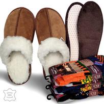 Dovanų rinkinys 3-in-1: zomšinės Nowo® šlepetės su avikailiu, Vincent Creation® vilnonės kojinės ir merino vidpadžiai