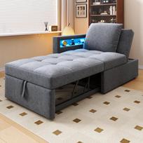 3 viename daugiafunkcinė sofa-lova, lininė sofa su reguliuojama atlošo atrama, porankis su LED juostelėmis ir USB/Type-C jungtimis, poilsio sofa mažoms erdvėms 177 x 68 x 65 cm šviesiai pilka spalva