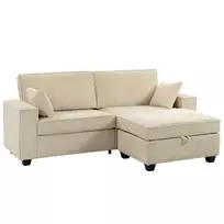 Kampinė sofa su daiktadėže atamanoje, velvetas, 3 vietų L formos sofa su spyruokliniu paminkštinimu, plati sėdynė, smėlio spalvos