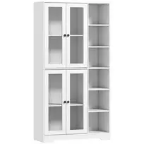HOMCOM Virtuvės spintelė su stiklinėmis durelėmis, lentynomis, atviromis nišomis, 172 cm aukščio, MDF, balta