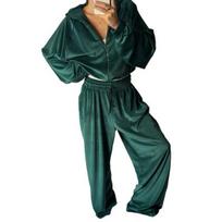 Dalių sportinis kostiumas moterims: trumpas džemperis su užtrauktuku ir plačios kelnės. Pavasarinis laisvalaikio sportinis kostiumas, poilsio komplektas. M žalia