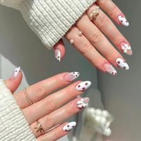24 Pieces Short Almond Press On Nail False Nail With 3D Bows and Strawberry Pattern French Style Stick on Nail for Women brown
