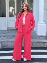 Long Sleeve Cardigan & Wide Leg Pants Set - Solid Color, Casual, Plus Size S rožinė raudona spalva