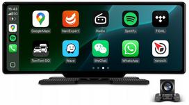 Automobilinis 10" monitorius su Apple Carplay, Android Auto, galinio vaizdo kamera ir laikikliu ant stiklo