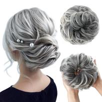 Sankrityayan Messy Hair Bun Hair Pieces, Wavy Curly Hair Scrunchies Extensions Synthetic Chignon Ponytail Hair Extensions Thick Updo Hairpieces f gray