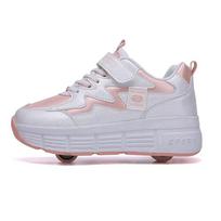 Kids Roller Skating Shoes Parkour Gift Children 2 Wheels Boys Girls Button Extension Casual Fashion Detachable Roller sneakers 41 white