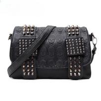 Cool Gothic Black PU Leather Messenger Bag Vintage Skull Rivet Shoulder Bag for Women 25cmx2.5cmx17cm gray